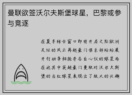 曼联欲签沃尔夫斯堡球星，巴黎或参与竞逐