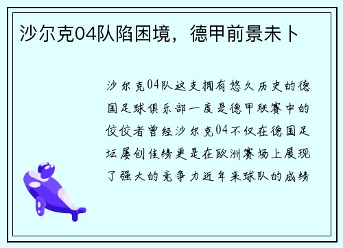沙尔克04队陷困境，德甲前景未卜